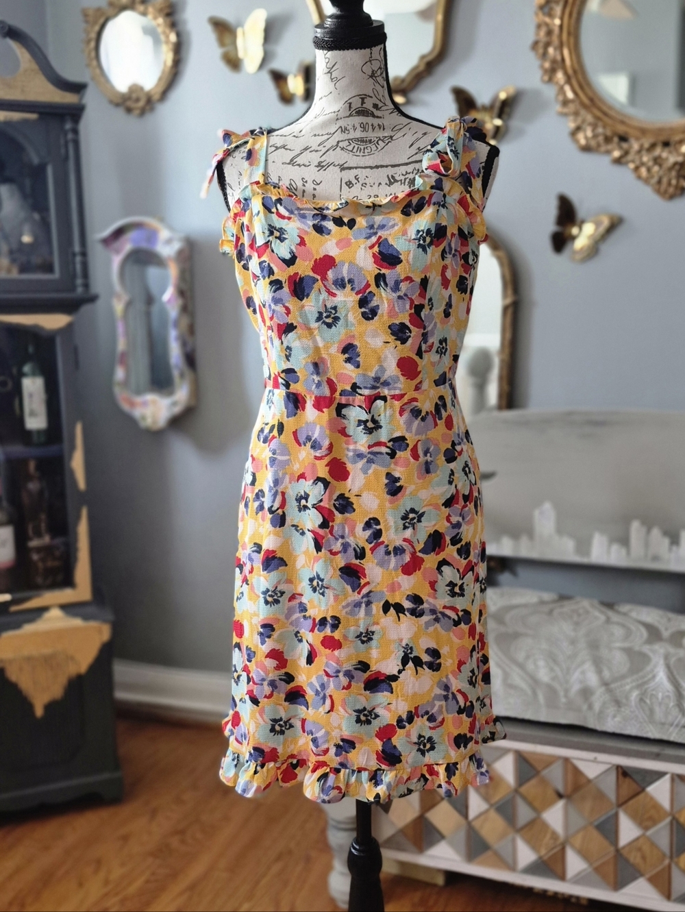 NWT BCBGeneration Yellow Multicolor Floral Tie-Shoulder Mini Dress Size 8